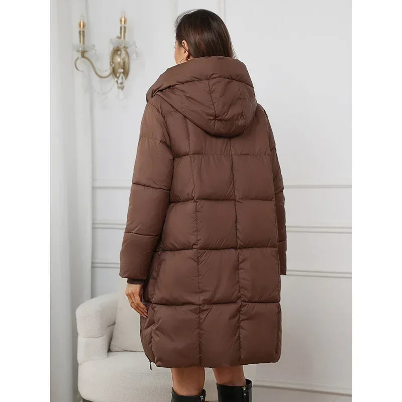 2024 neue Winter Frauen Lange Parkas Taschen Dicke Warme Mit Kapuze Unten Baumwolle Mantel Weibliche Lose Puffer Jacken Winddicht Schnee Mantel