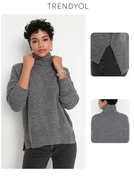 Trendyol TYZA Damen-Pullover, Übergröße, lässige Strickwaren, einfarbiger Rollkragenpullover, schulterfreie Pullover und Pullover, Übergröße, lässige Strickwaren