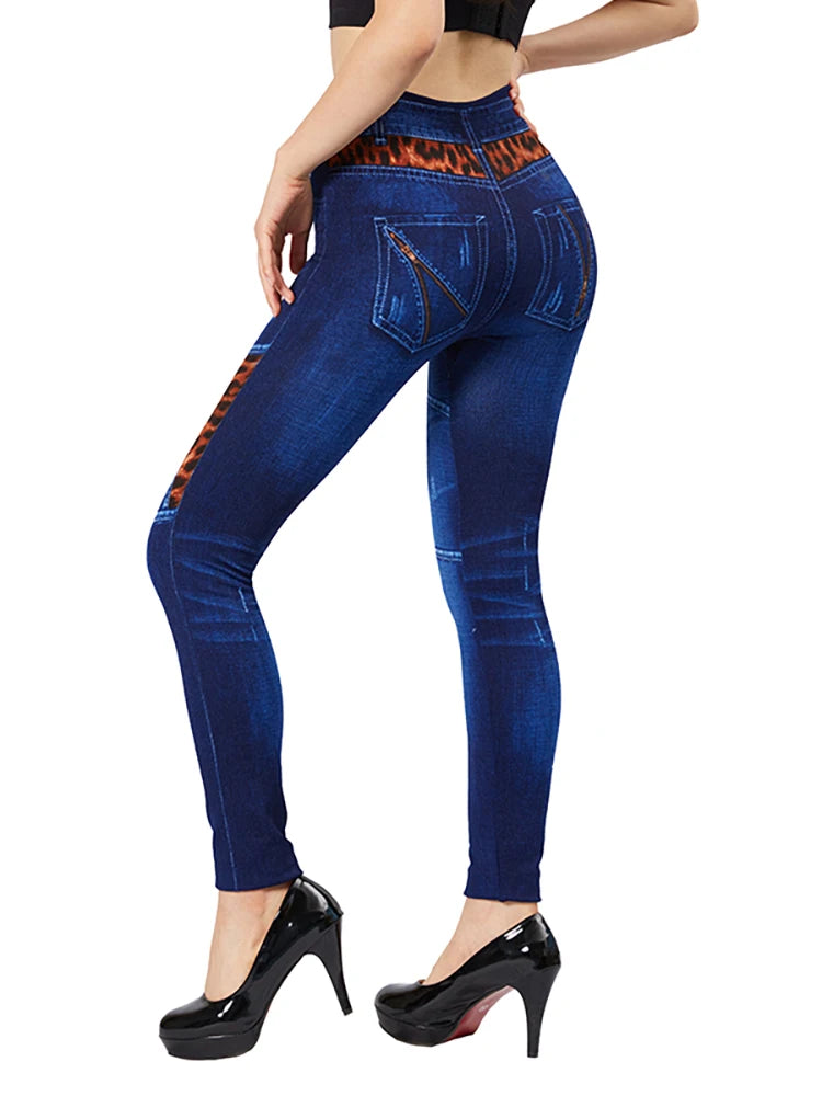 CUHAKCI Splice Leopard Blue False Jeans Fake Zipper Pockets Print Stretch Imitation Denim Pants Slim Fit Leggings Women Jeggings
