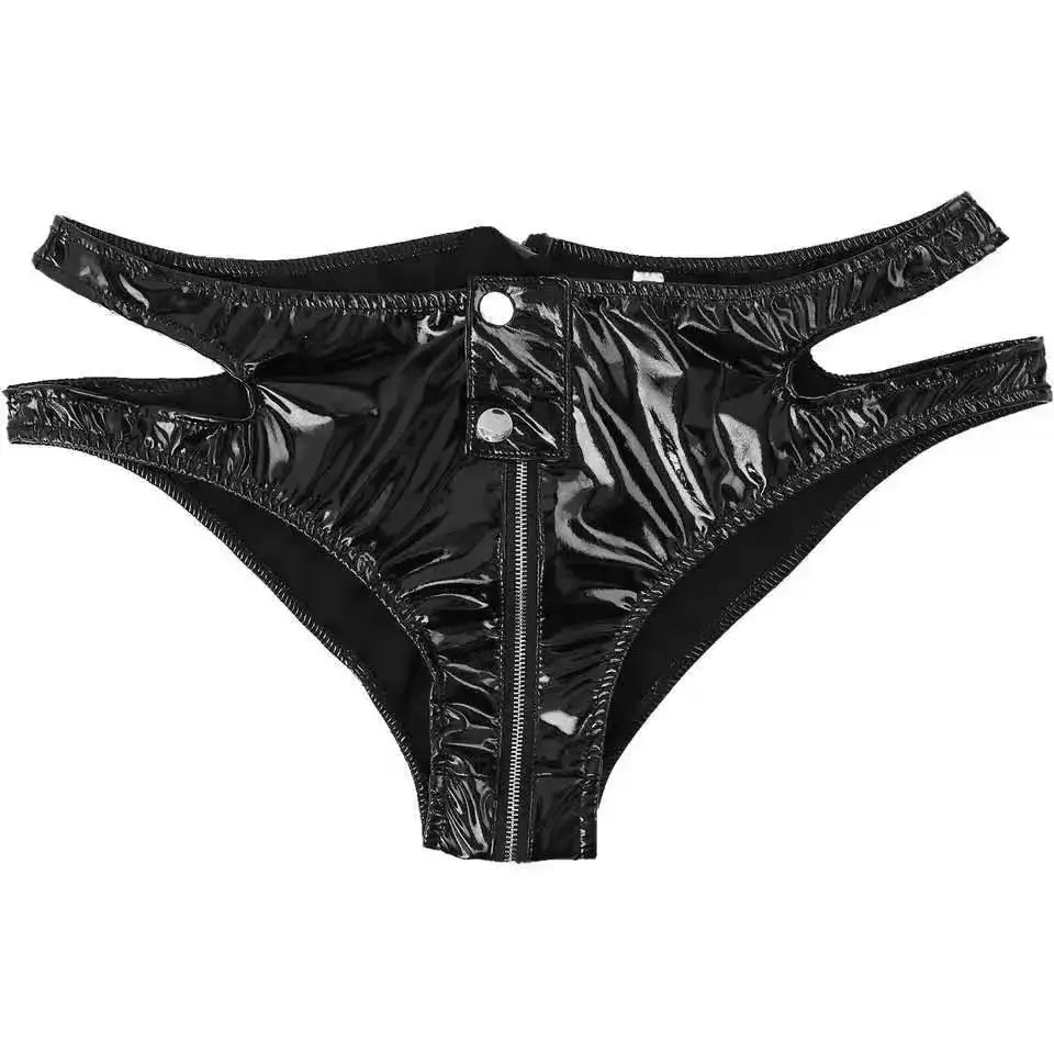 Frauen sexy o Ring Reiß verschluss Schritt Leder Slips Low Rise Latex Wetlook Leder Slips Unterwäsche Rave Clubwear Performance Kostüm