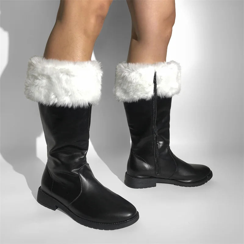 Onlymaker Weihnachtsstiefel mit runder Zehenpartie und breiter Wade, schwarze Schuhe, weiße Plüschmanschetten, Halloween-Winterstiefel