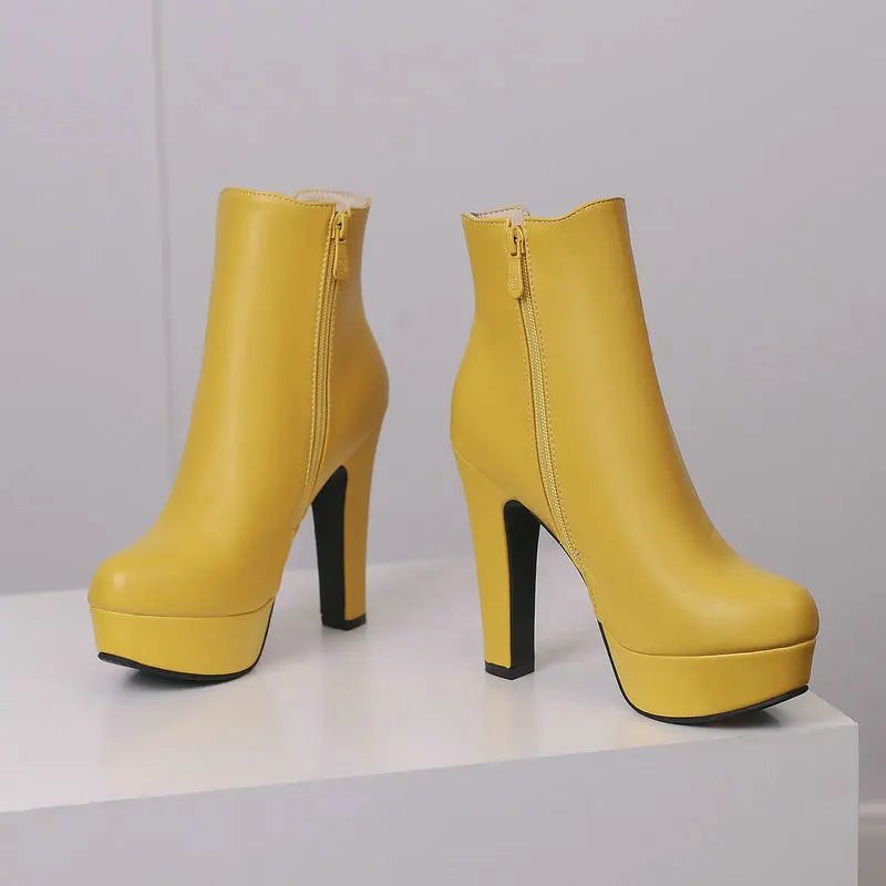 2024 Frauen Stiefeletten Plattform quadratische High Heel Damen kurze Stiefel Pu Leder runde Zehen Reiß verschluss Mode Kleid Frauen Stiefel