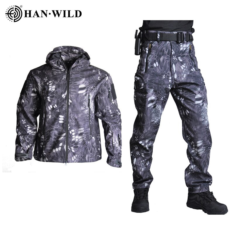 HAN WILD Tactical Jackets Men Soft Shell Jacket Army Windproof Camo Hunting Suit Shark Skin Military Hiking Jacket+Pants 5XL