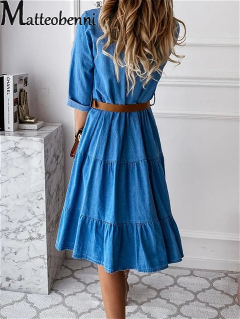 Langarm elegante Jeans Kleid