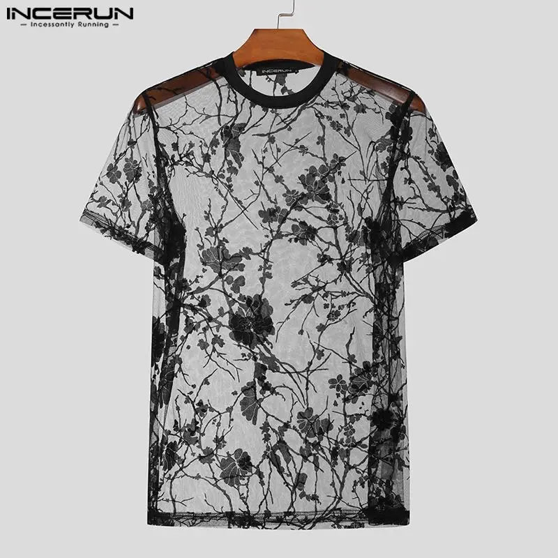 INCERUN Men's T Shirt Mesh Printing See Through O-neck Short Sleeve Sexy Camsietas Streetwear 2024 Fashion Men Clothing S-5XL