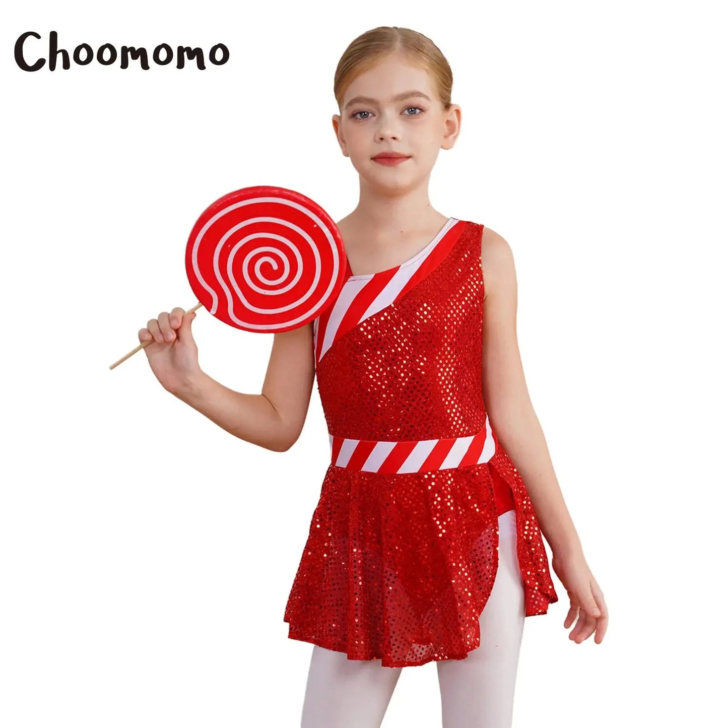 Kids Girls Shiny Sequins Christmas Dance Dresses Xmas Santa Claus Candy Cane Costume Figure Ice Skating Performance Dress