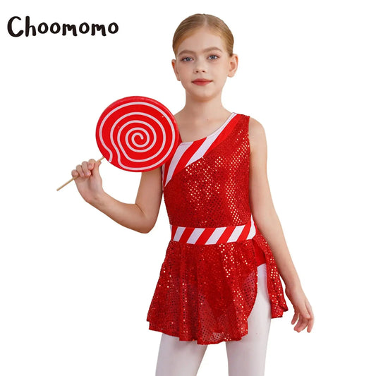 Kids Girls Shiny Sequins Christmas Dance Dresses Xmas Santa Claus Candy Cane Costume Figure Ice Skating Performance Dress