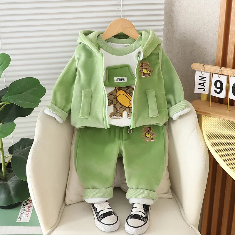 Neue Herbst Winter Baby Kleidung Sets Nette Cartoon Warm Halten Top + Weste + Hosen Mädchen Prinzessin Anzug Geburtstag Geschenke kinder Kleiden