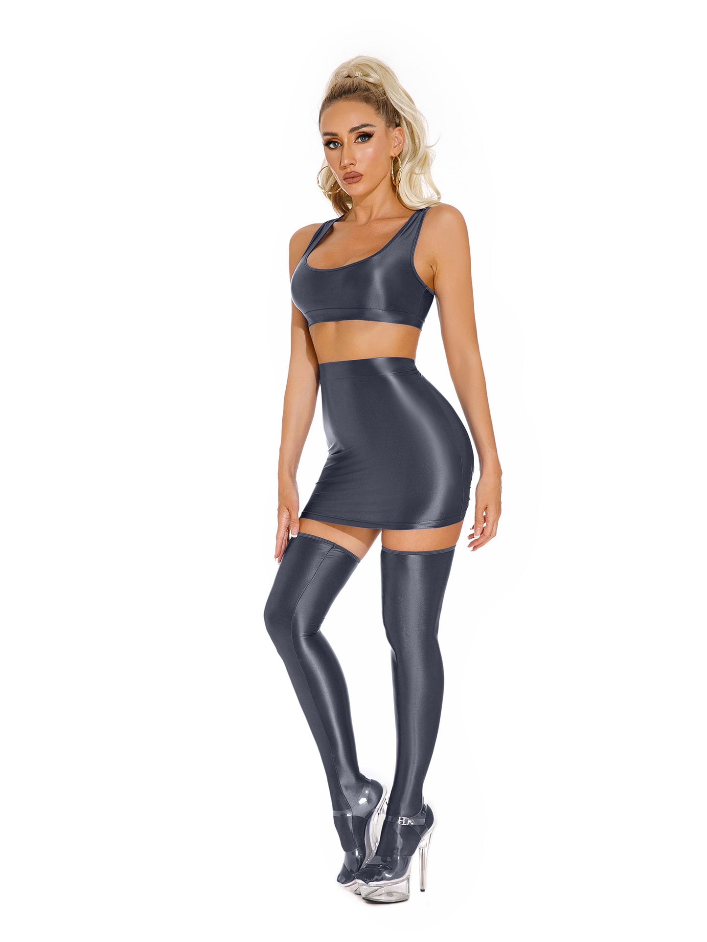 Damen glänzendes Öl u Hals Racer back Crop Top hohe Taille Mini Bleistift rock mit Strümpfen Party Club Pole Dance Kostüm Clubwear