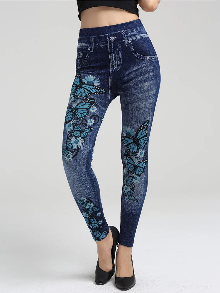 CUHAKCI High Elastic Blue Butterfly Print Leggings Plus Size Vintage Fake Jeans Women Jeggings Soft Fitness Trouses Sport Pants