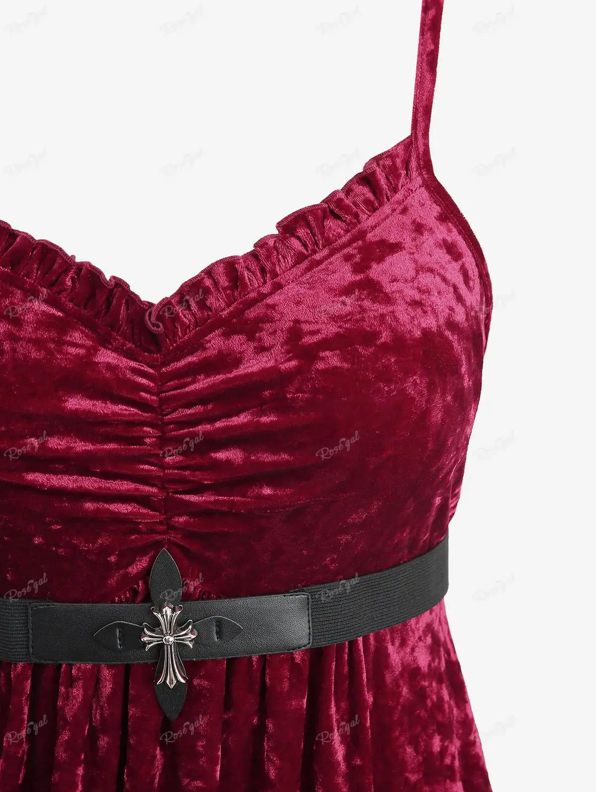 ROSEGAL Damen-Kleid und Umhang in Übergröße mit Gürtel, rote Rüschen, gerüschtes Samt-Cami-Kleid, schwarze Beflockungs-Mesh-Kapuzenponchos