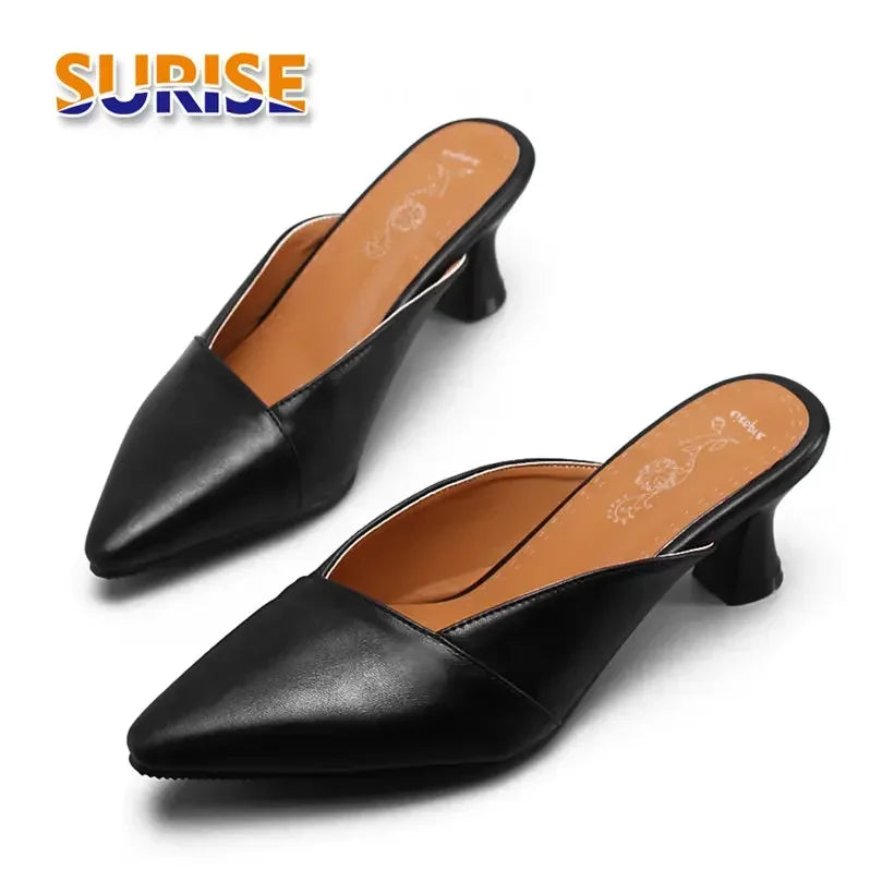 Sommer Frauen Hausschuhe 6 cm Hohe Kitten Heels Sandalen Spitz Pumpen Schwarz Beige Maultiere Casual Party Slip-on flache Dame Schuhe