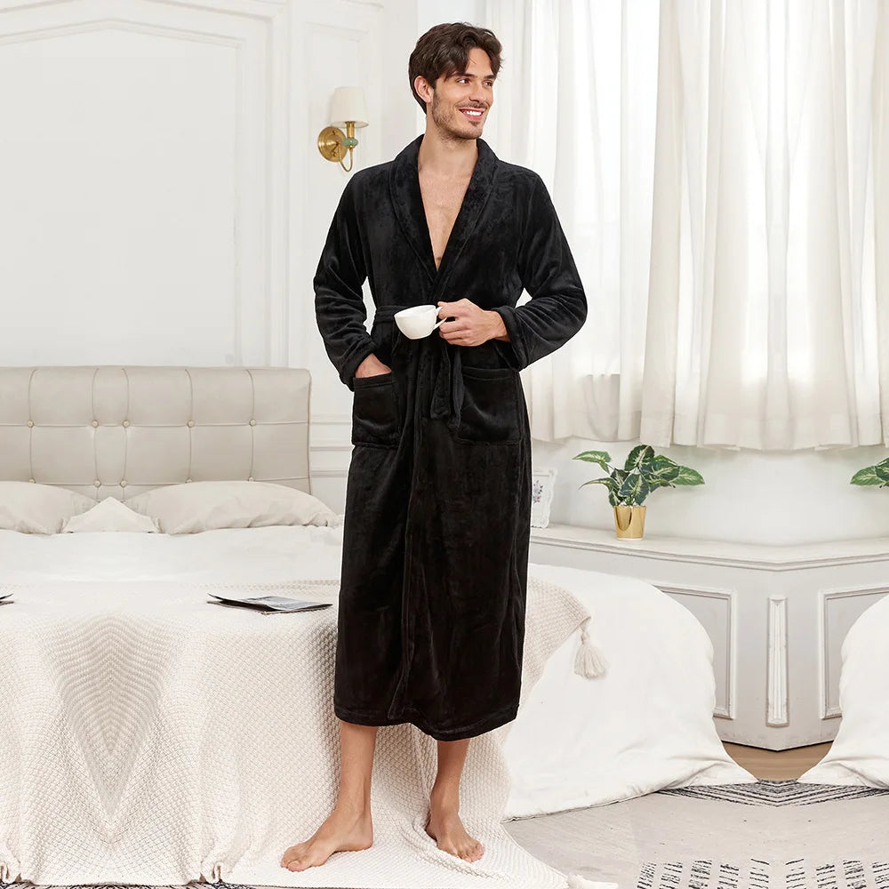 Herren Robe Flanell Kimono Nachtwäsche Lose Winter Homewear Bademantel Kleid Dusche Einfarbig Nachtwäsche mit Tasche Loungewear