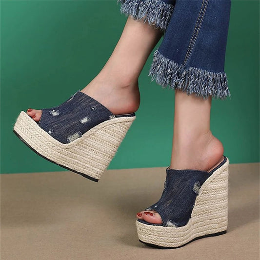 Liyke Summer Blue Denim Women Wedge Heels Platform Slippers Fashion Peep Toe Super High Mules Slides Shoes Ladies Sandals Casual