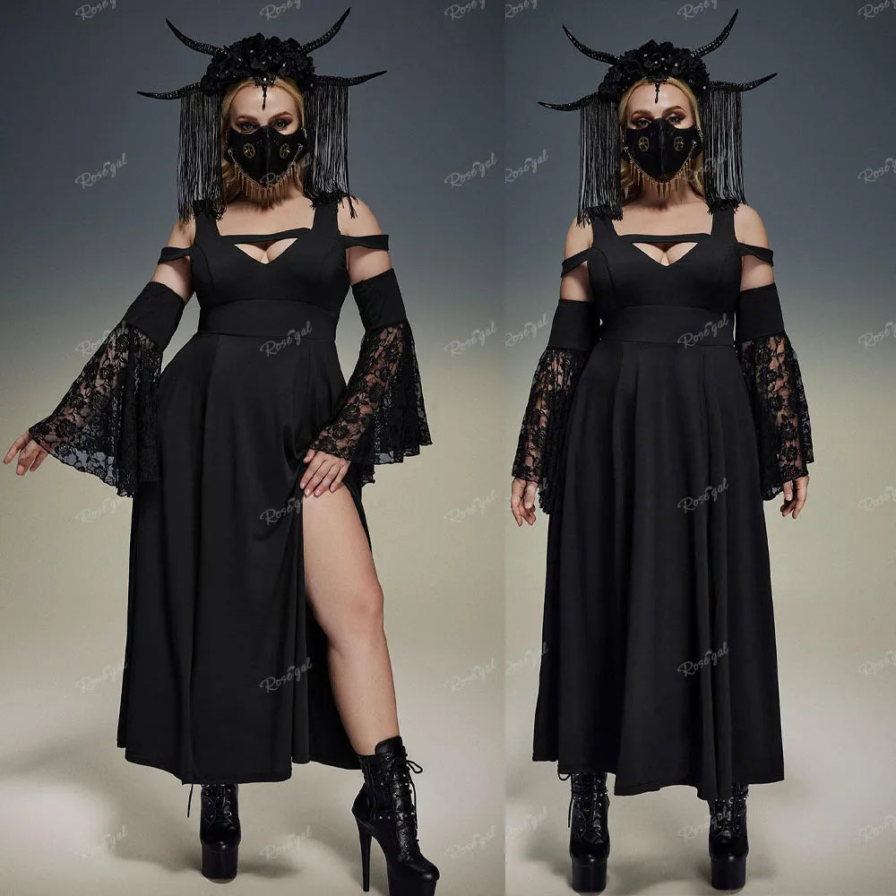 Rosegal Plus Size Gothic lange Kleider schwarze Blume Spitze Flare Ärmel kalte Schulter Streifen Panel geraffte knöchel lange Party kleid