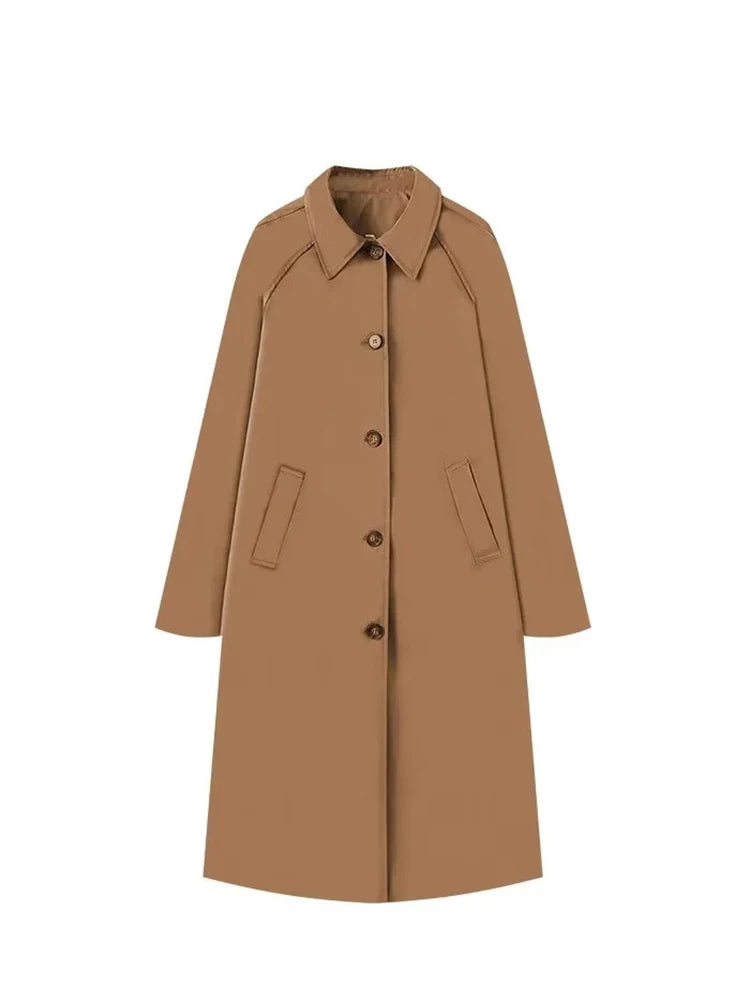 TRAF Damenmode Langer Trenchcoat Jacke Elegant Schick Revers Einfache Jacke Herbst Lose High Street Verdickte Jacke Tops