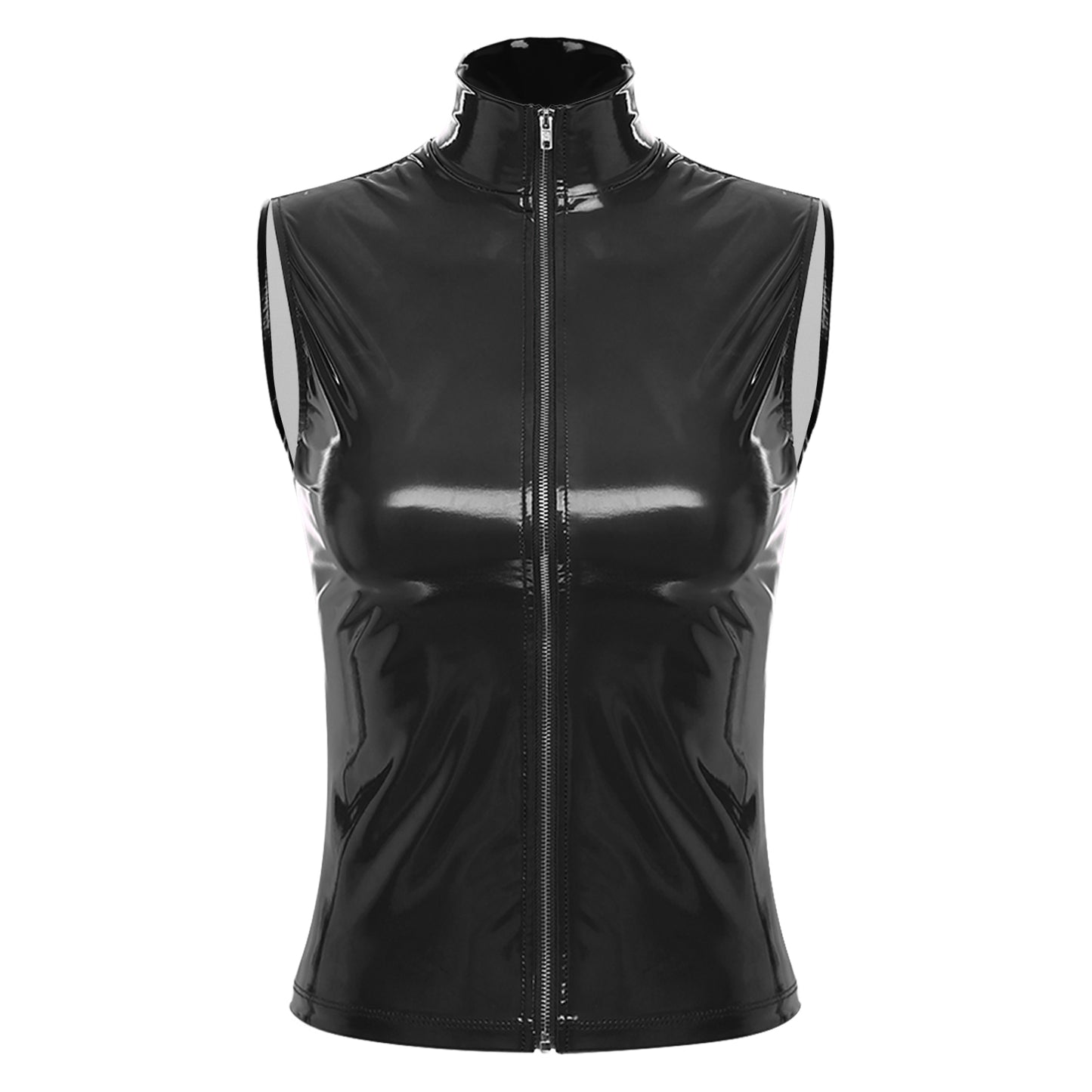 Frauen Wet Look PVC Leder Mock Neck Sleeveless Crop Tops Weste Zipper Leibchen Bluse Rave Dance Jacke Steampunk Clubwear