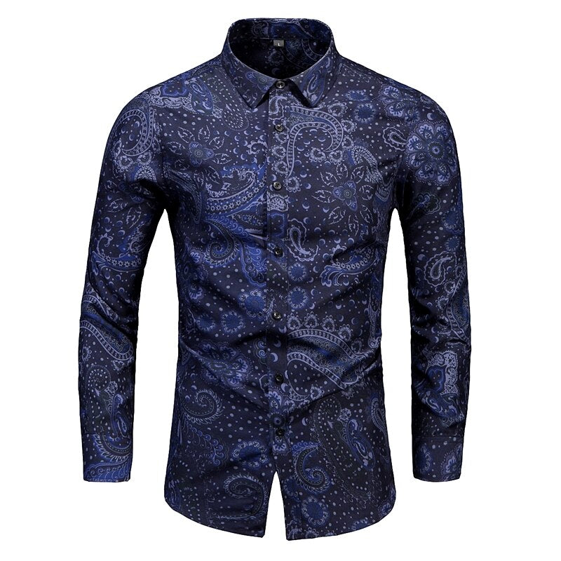 New Fashion Print Shirt Men Long Sleeve Turn Down Collar Casual Shirts Mens Single Breasted Slim Party Holiday Blouse Man 7XL