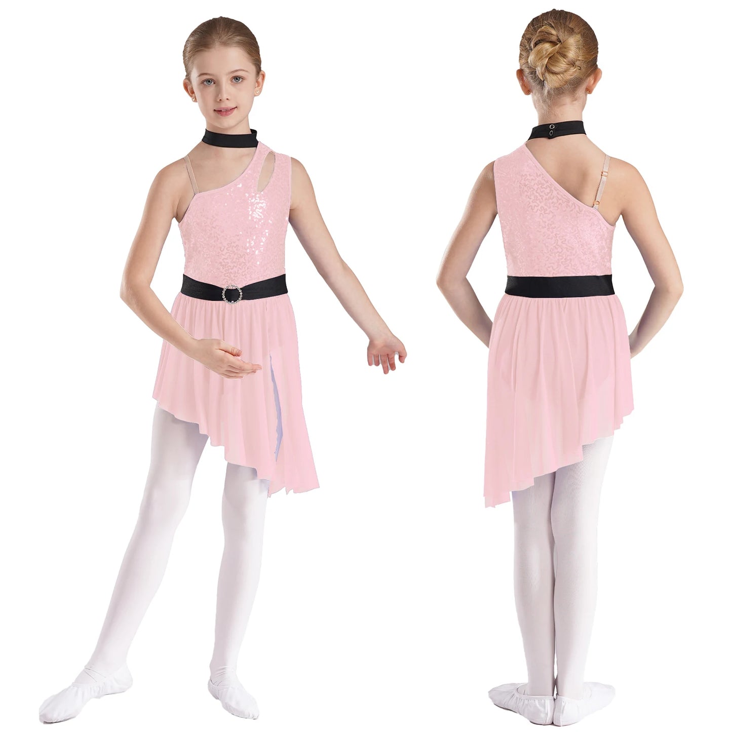 Kids Girls Lyrical Dance Costume Cutout One Shoulder Ballet Asymmetrical Tulle Dress Leotard Modern Contemporary Dancewear