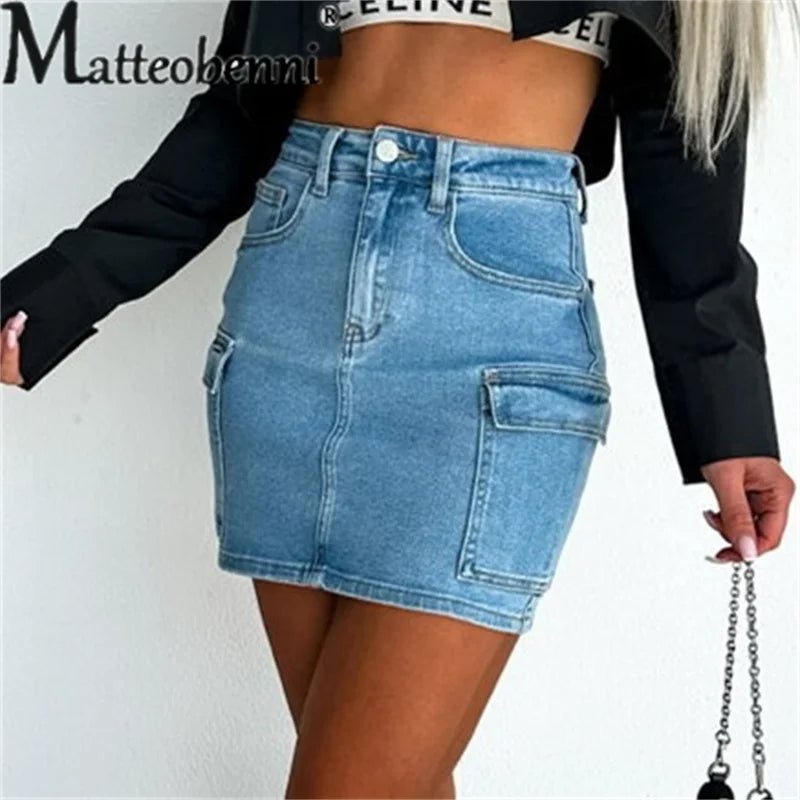 Sexy Knopf Spleißen Tasche Jeans rock weiblich Modetrend Straße lässig Halbkörper Kleid Arbeits kleidung Stil Damen bekleidung