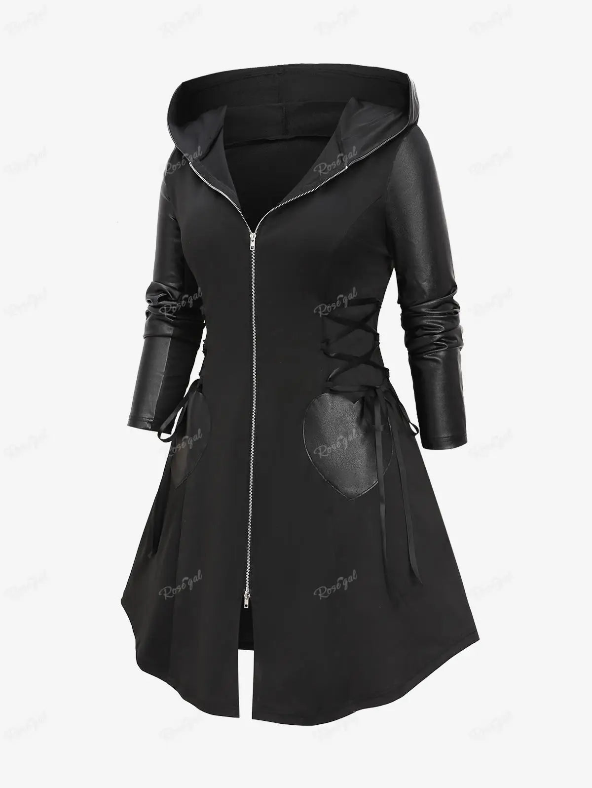 Ros gal Plus Size Kapuze Reiß verschluss Mantel schwarz Schnürung Pu Leder Patchwork trägt neue Damen High Taille Jacke Mäntel 4xl