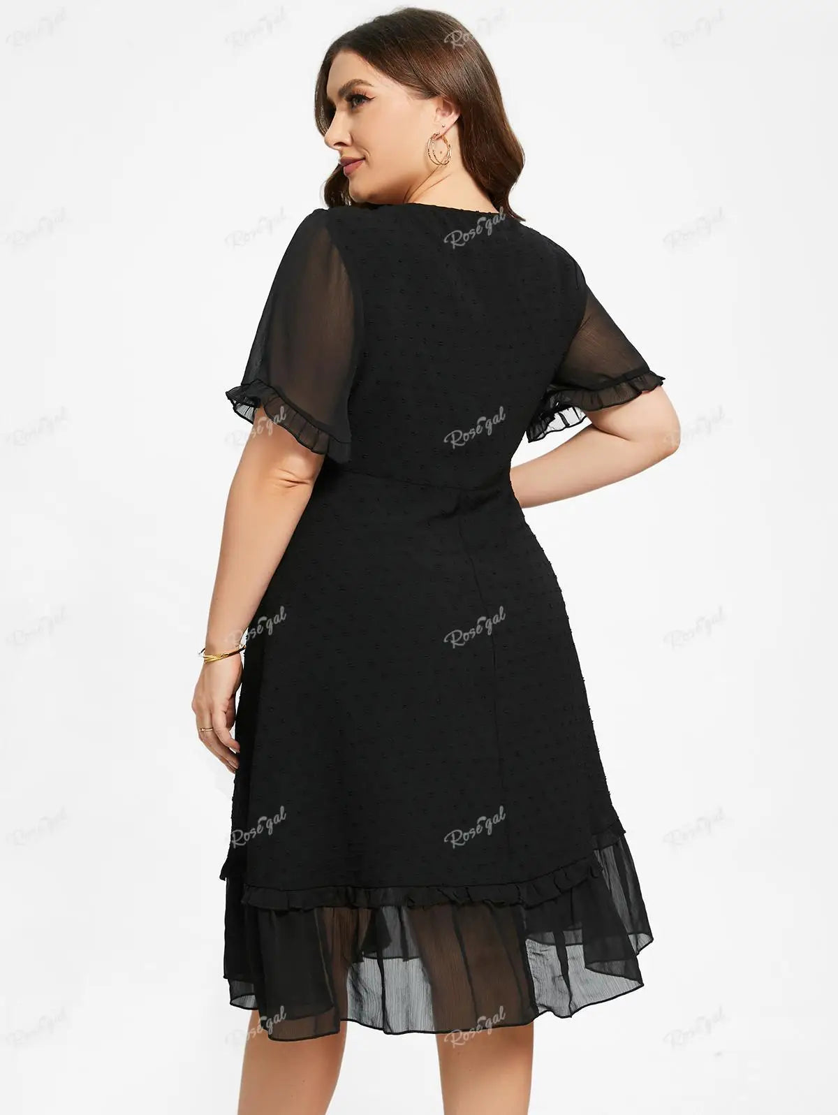 Ros gal Plus Size Freizeit kleider schwarz elegant V-Ausschnitt Spitzen besatz transparente Rüschen Kleid für Frauen Frühling, Sommer Streetwear Vestidos