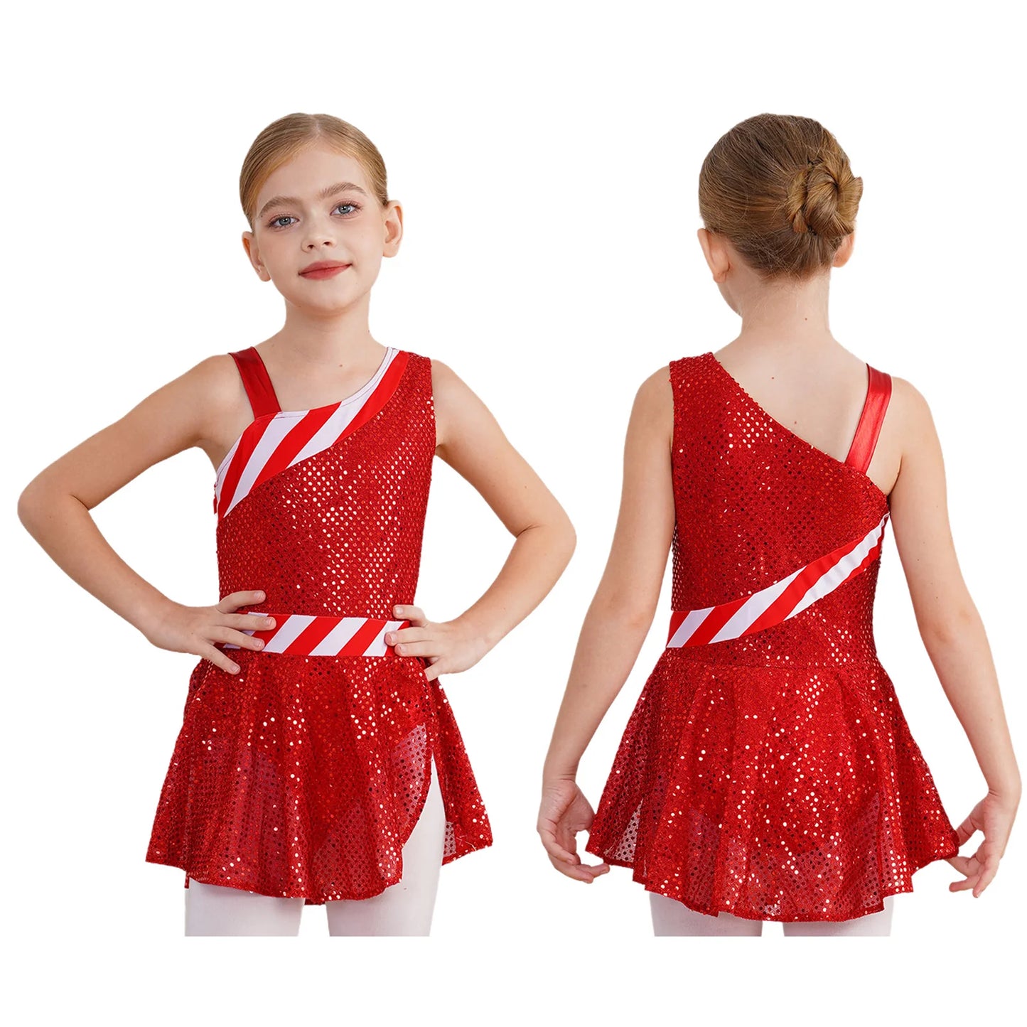 Kids Girls Shiny Sequins Christmas Dance Dresses Xmas Santa Claus Candy Cane Costume Figure Ice Skating Performance Dress