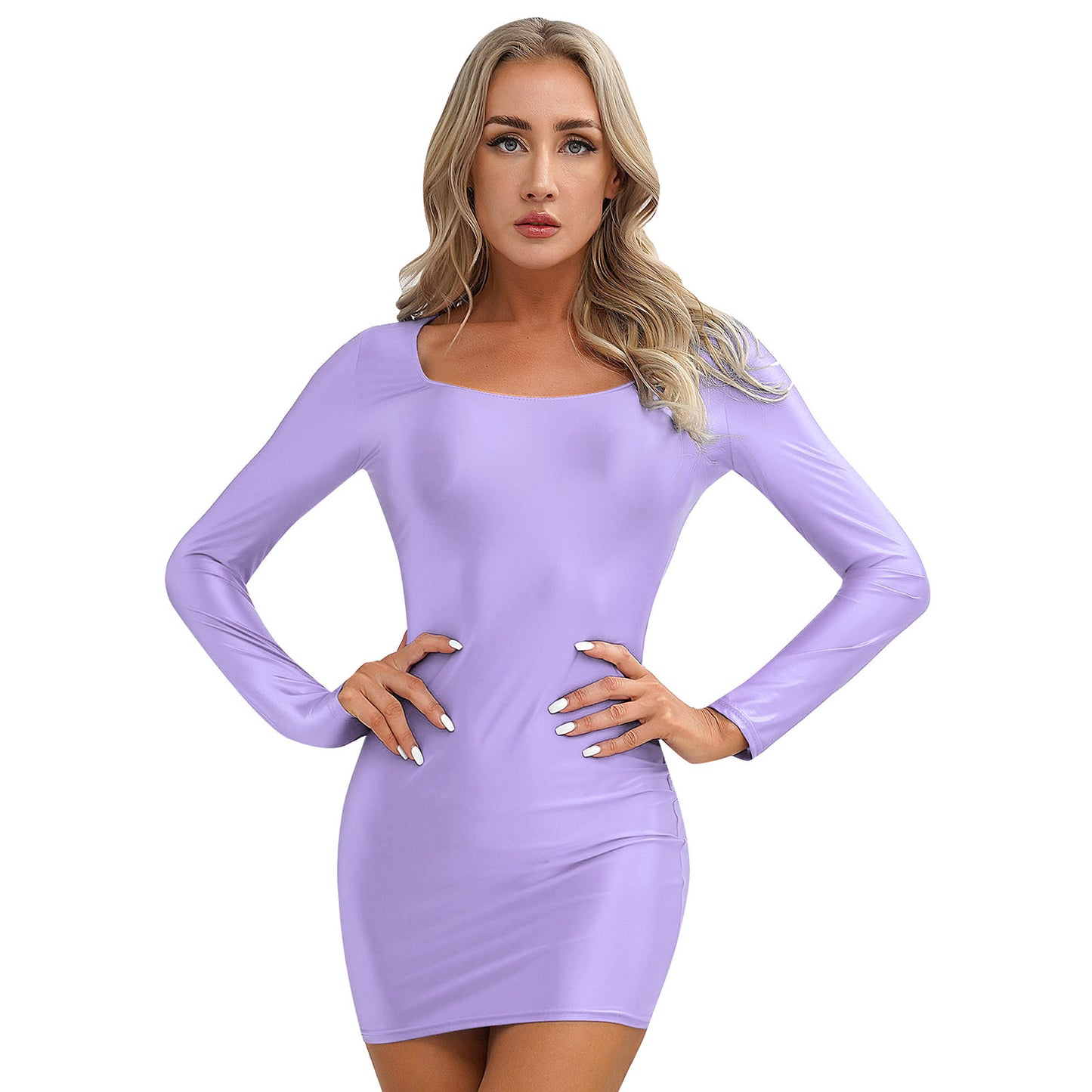 Damen Langarm Bodycon Kleid glänzend einfarbig Bleistift Minirock Pole Dance Rave Party Clubwear Casual Sport Lounge wear