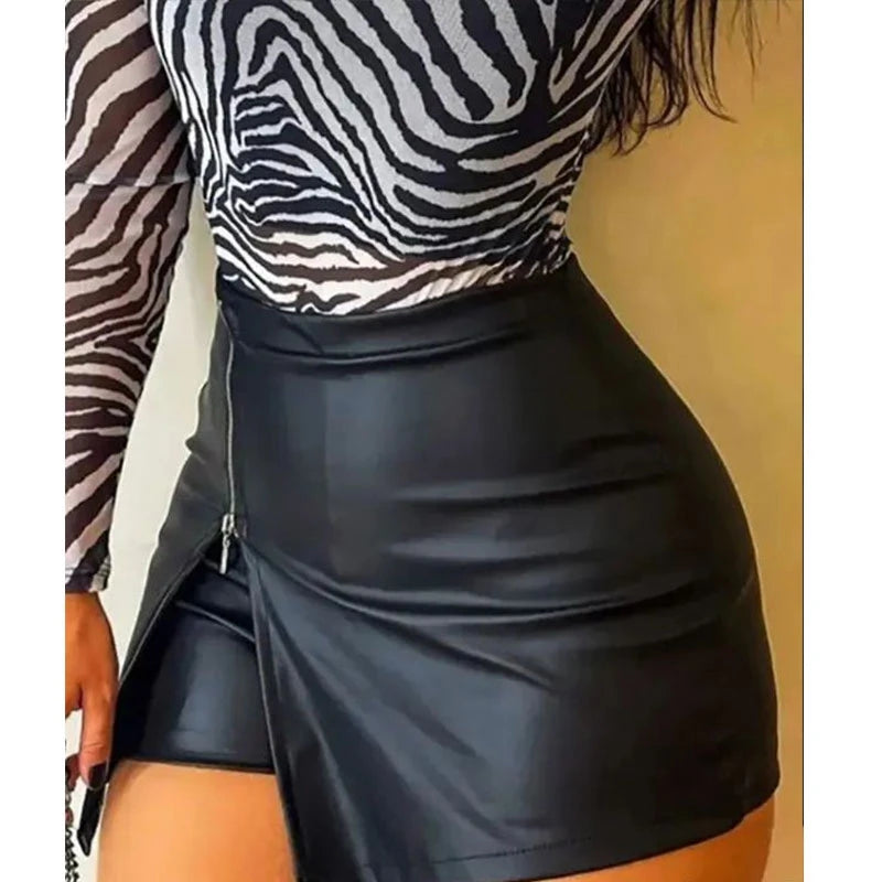 PU Leather Mini Skirt for Women, Side Opening Zipper, Black Skirt, High Waist, Asymmetry, Party Clubwear, Sexy, New Fashion