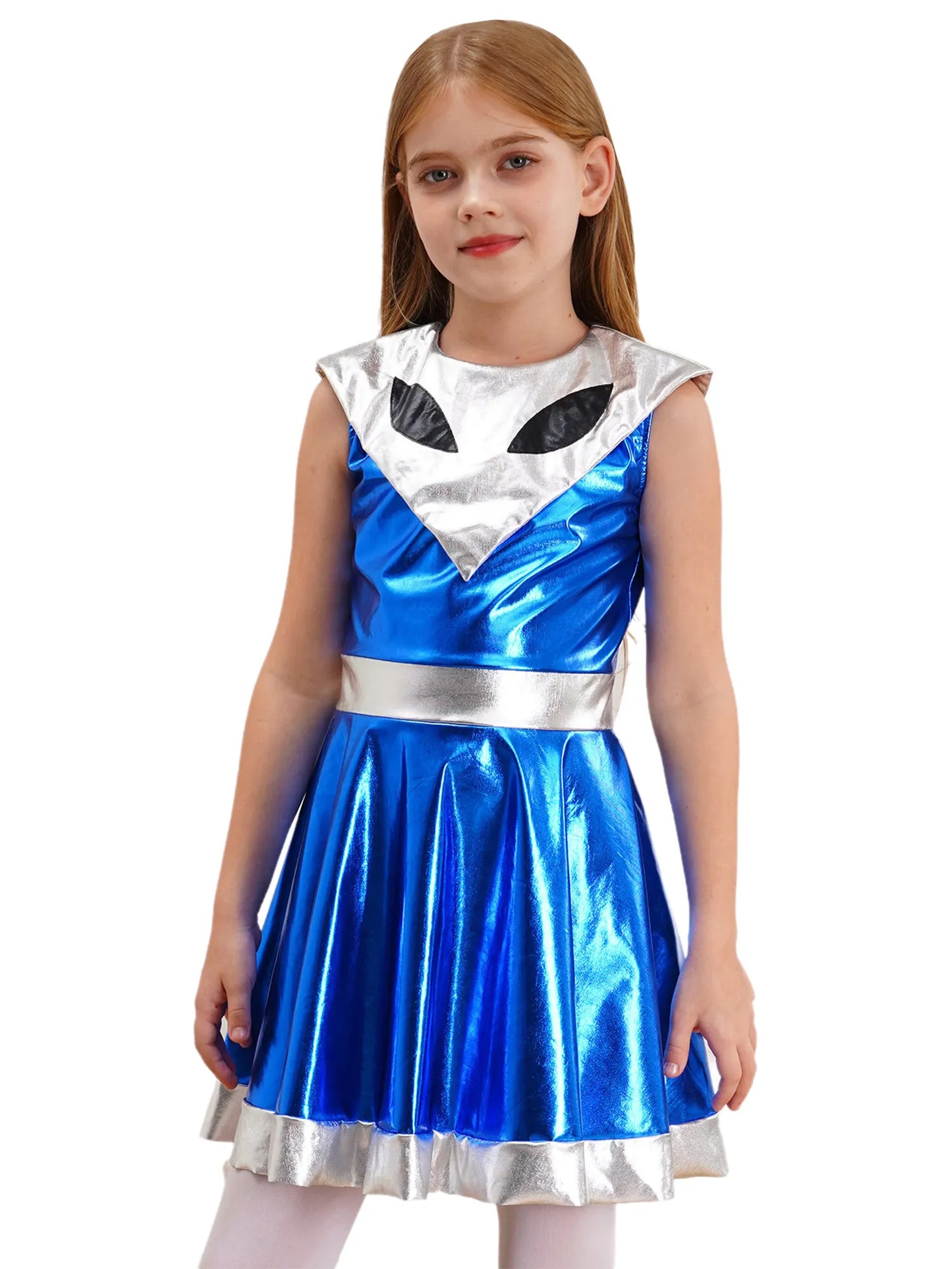 Kinder Mädchen Galaxy Outer Space Cutie Kostüm Halloween Alien Shiny Metallic A-Linie Kleider für Karneval Festivals Cosplay Party