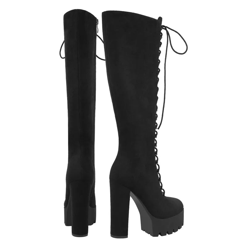 Onlymaker Frauen Plattform Über Das Knie Stiefel Schwarz Flock Chunky Ferse Seite Zip Plus Größe Party Kleid Winter Stiefel Schuhe