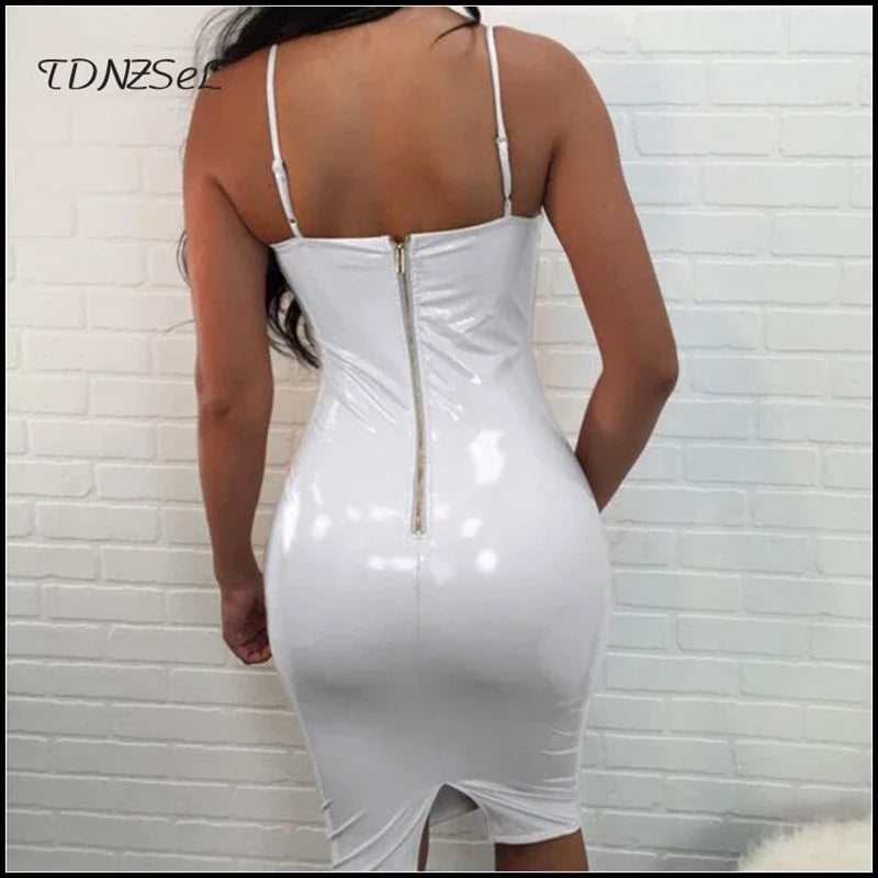 Frauen Sexy Patent Leder Spaghetti Strap Kleid Zurück Zip Sommer Ärmel Split Bleistift Kleider Bodycon Nachtclub Tragen Custom