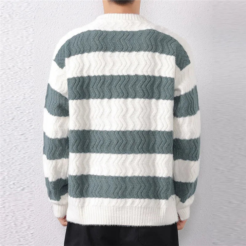 Herbst Winter Neue männer Gestreifte Gestrickte Pullover Oansatz Mode Lose Beiläufige Stricken Pullover Männer Warme Streetwear Pullover Pullover