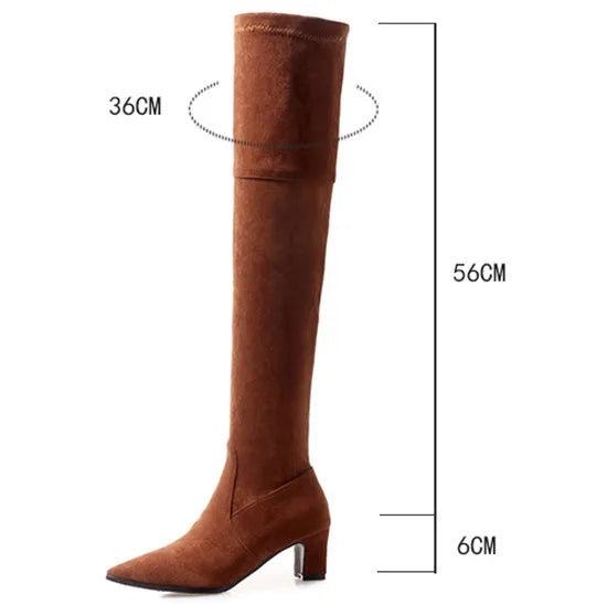 Winter Herbst Frauen Stretch über Knie Stiefel 6cm Block klobig High Heel schwarz grau Herde spitzen Zehen Dame Reiß verschluss Oberschenkel hohe Stiefel