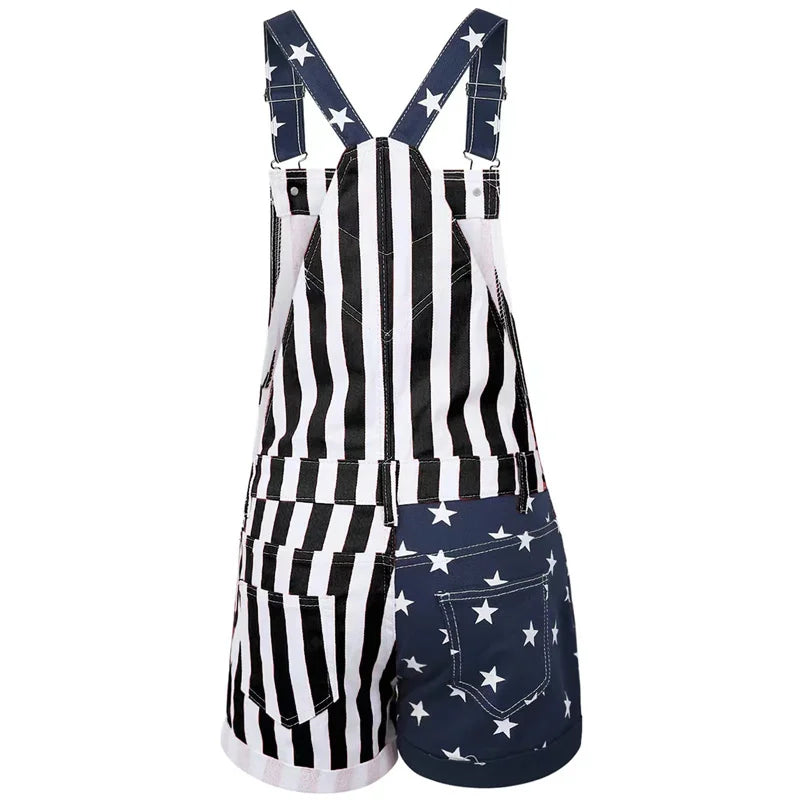 Neue Unabhängigkeit Tag Flagge Motive Strap Hosen Frauen Große Tasche Overall Shorts Weibliche Strampler einteiliges Hosen Urlaub Kleidung