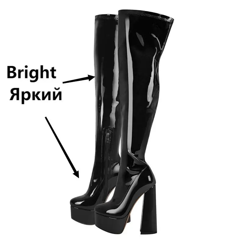 Onlymaker Über Das Knie Stiefel Frauen Schwarz Mate Dicken Plattform High Heels Seite Zipper Punk Stil Karree Mode Party stiefel