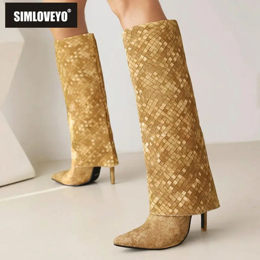 Simloveyo Mode Frauen kniehohe Stiefel spitzen Zehen Stiletto Slip auf Stoff sexy Dating weibliche Stiefeletten Größe 45 46 47