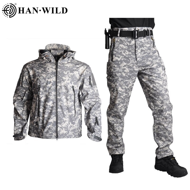 HAN WILD Tactical Jackets Men Soft Shell Jacket Army Windproof Camo Hunting Suit Shark Skin Military Hiking Jacket+Pants 5XL