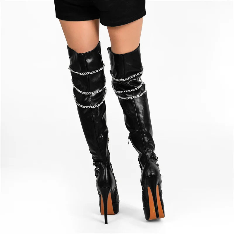 Only maker Frauen über dem Knie Stiefel dünne High Heel Dame schwarz Metall kette Dekoration Reiß verschluss weibliche Winter Plattform Stiefel