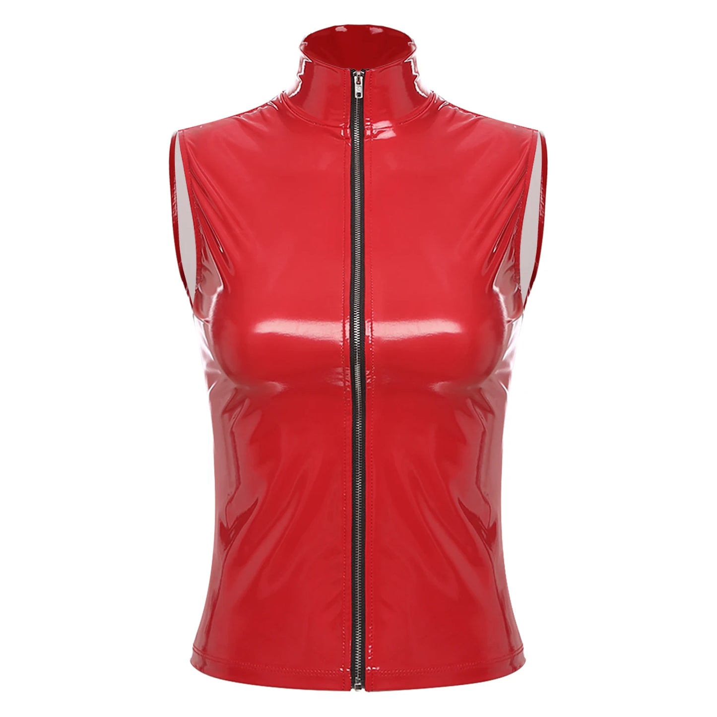 Frauen Wet Look PVC Leder Mock Neck Sleeveless Crop Tops Weste Zipper Leibchen Bluse Rave Dance Jacke Steampunk Clubwear