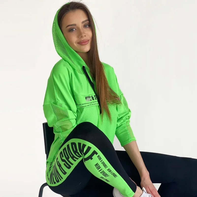 Oshoplive weibliche Mode Kontrast farbe irisierende Patchwork Mesh Hoodies & Leggings passt Sport lauf Sportswear neu