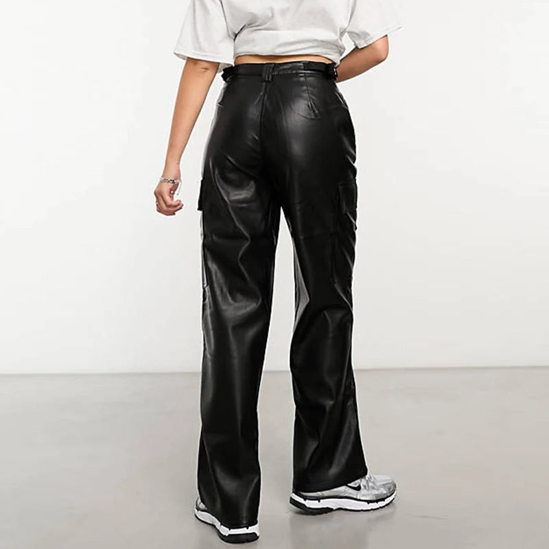 Women Casual Faux Leather Cargo Pants Unisex Fashion Loose PU Harajuku Straight Trousers Black Wide Leg Street Wear Custom New