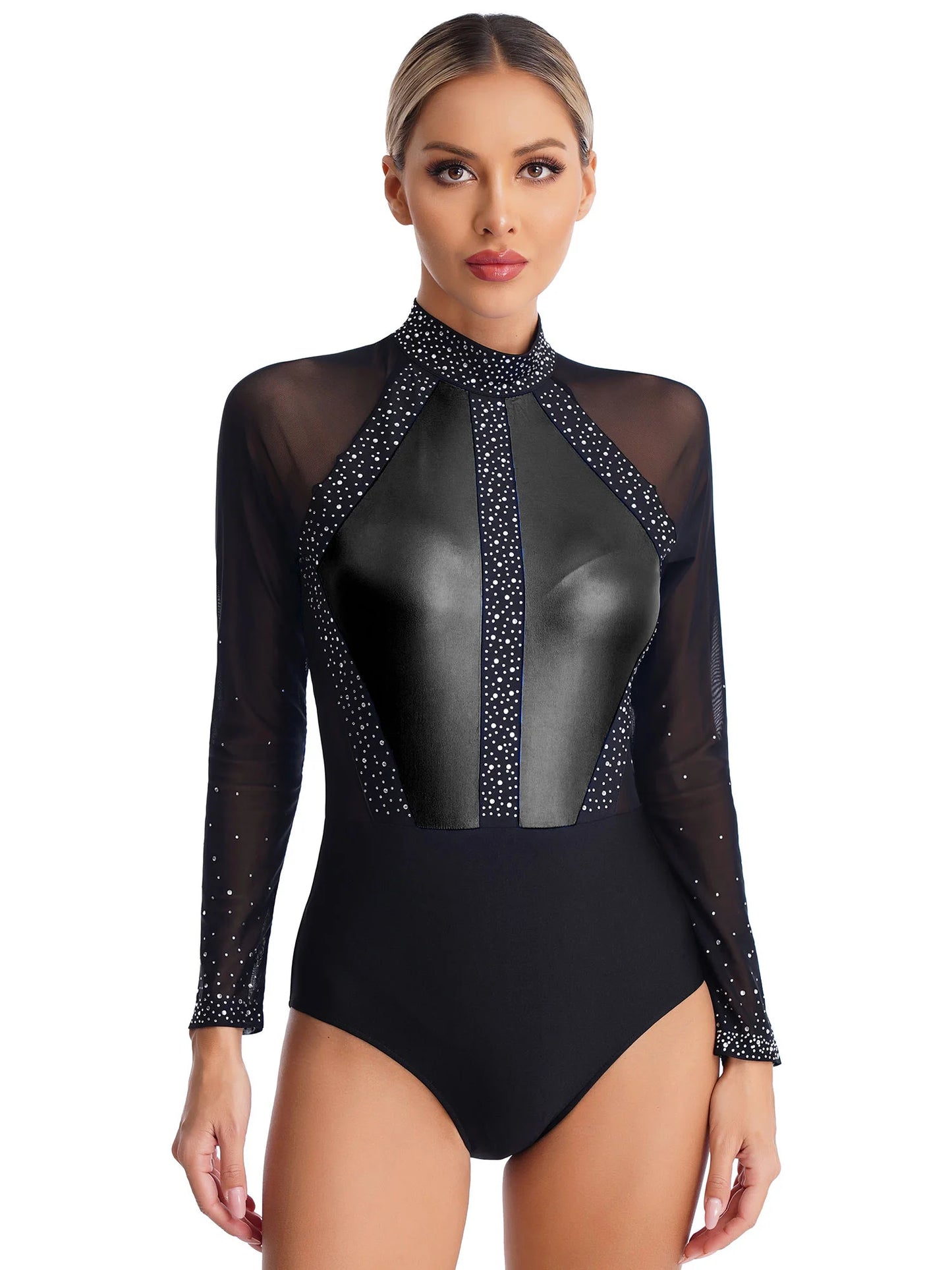 Funkelnde Strass steine für Damen Farb block Gymnastik Trikots Langarm Ballett Tanz Bodysuit Overall sportliche Tanz kleidung