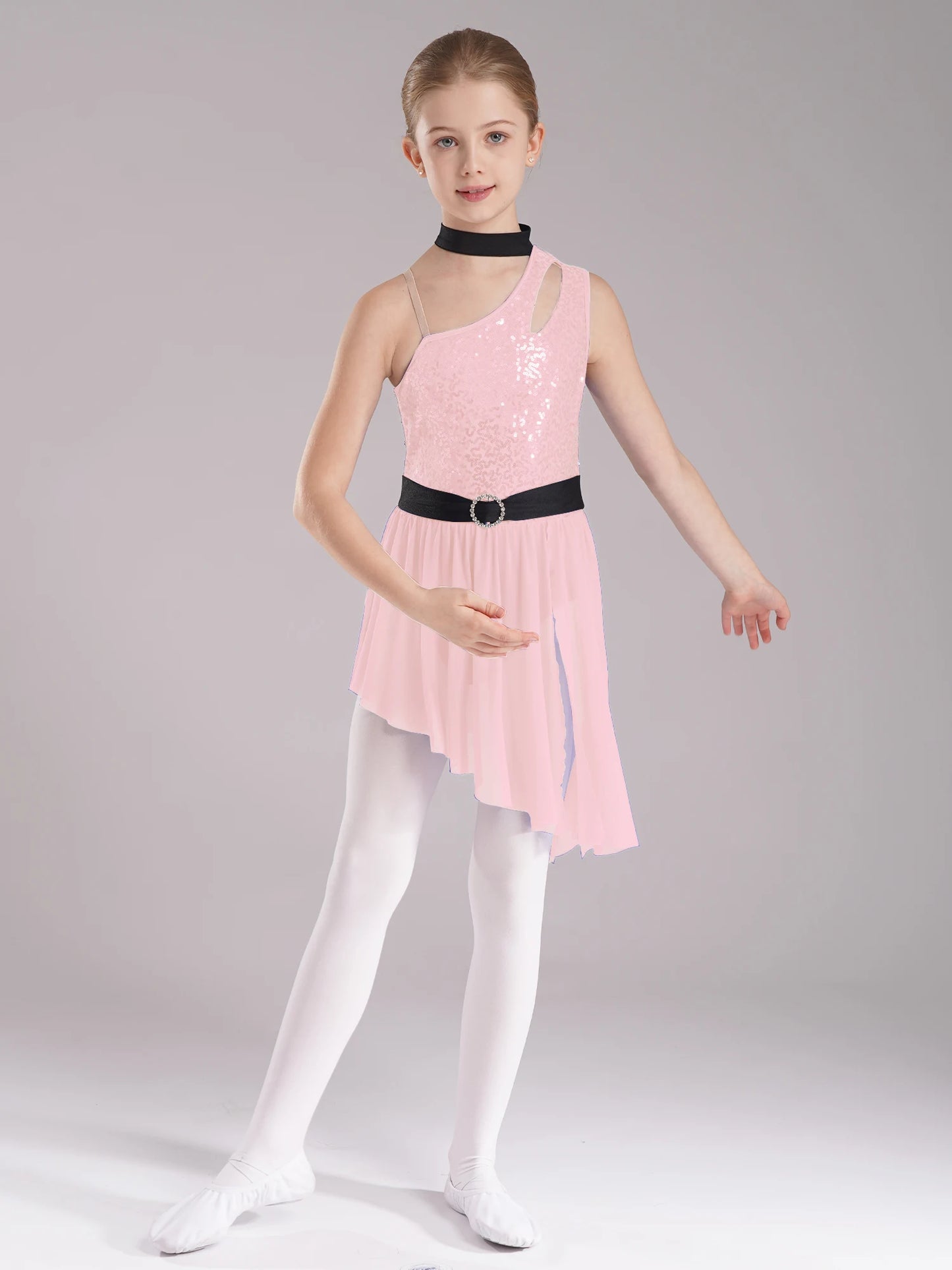 Kids Girls Lyrical Dance Costume Cutout One Shoulder Ballet Asymmetrical Tulle Dress Leotard Modern Contemporary Dancewear