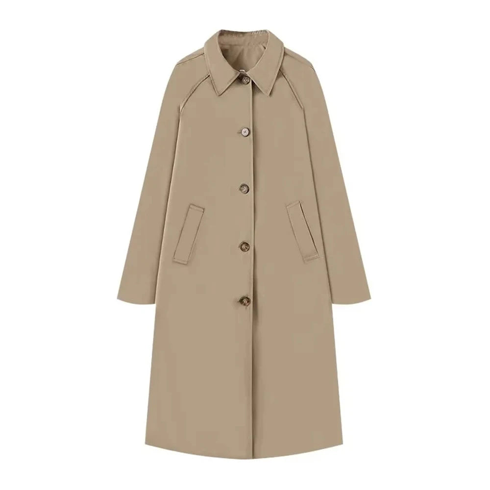 TRAF Damenmode Langer Trenchcoat Jacke Elegant Schick Revers Einfache Jacke Herbst Lose High Street Verdickte Jacke Tops