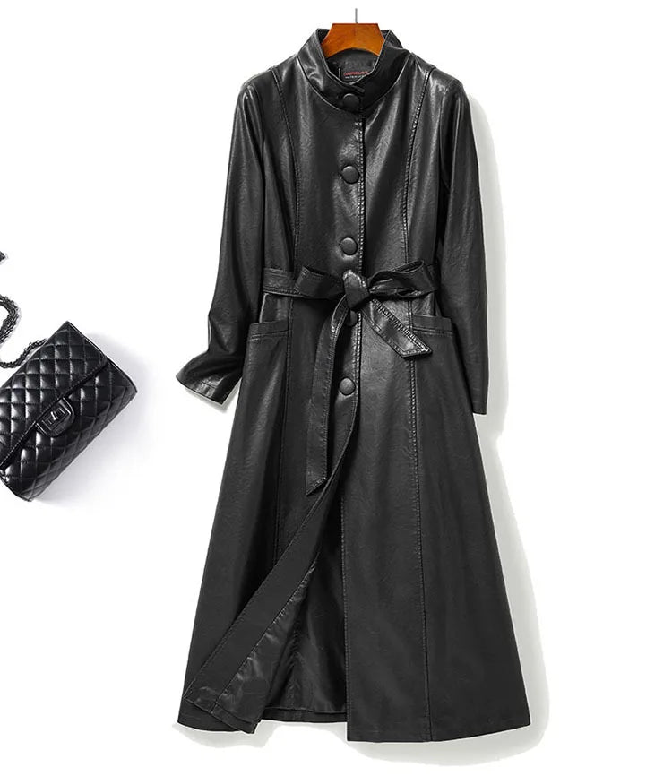 2024 neue Mode roten Schnür gürtel Schaffell langen Trenchcoat schicke Frauen Stehkragen einreihige Echt leder Outwear