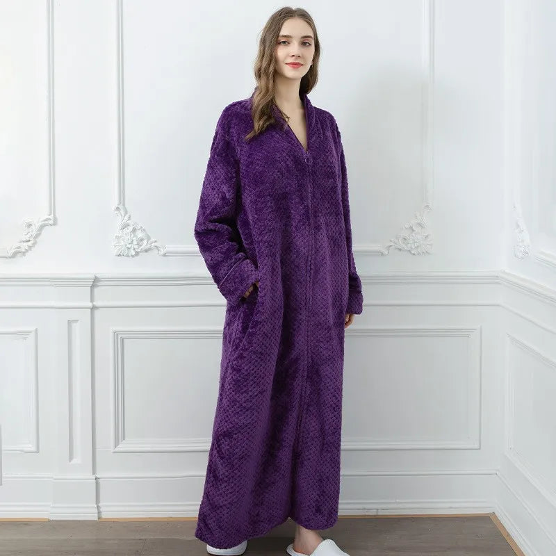 Frauen Winter extra lange warme Jacquard Flanell Bademantel schwangeren Reiß verschluss plus Größe Bademantel Lounge Korallen Fleece Bademantel