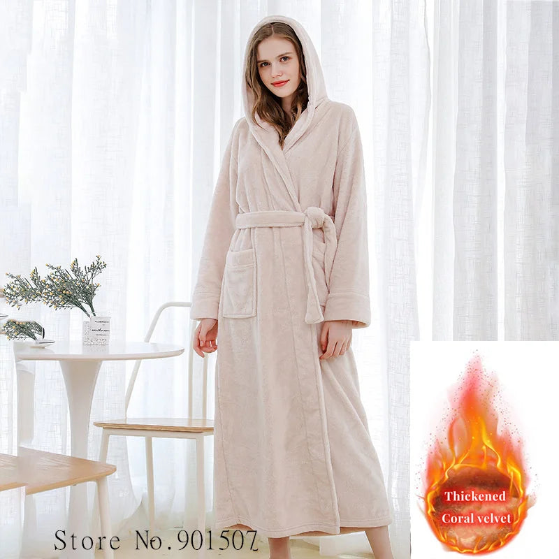 Extra lange Winter Korallen Fleece Bademantel Frauen Kapuze warme Kimono Bademantel gemütliche Kimono Dusch roben lose Peignoirs Nachthemd