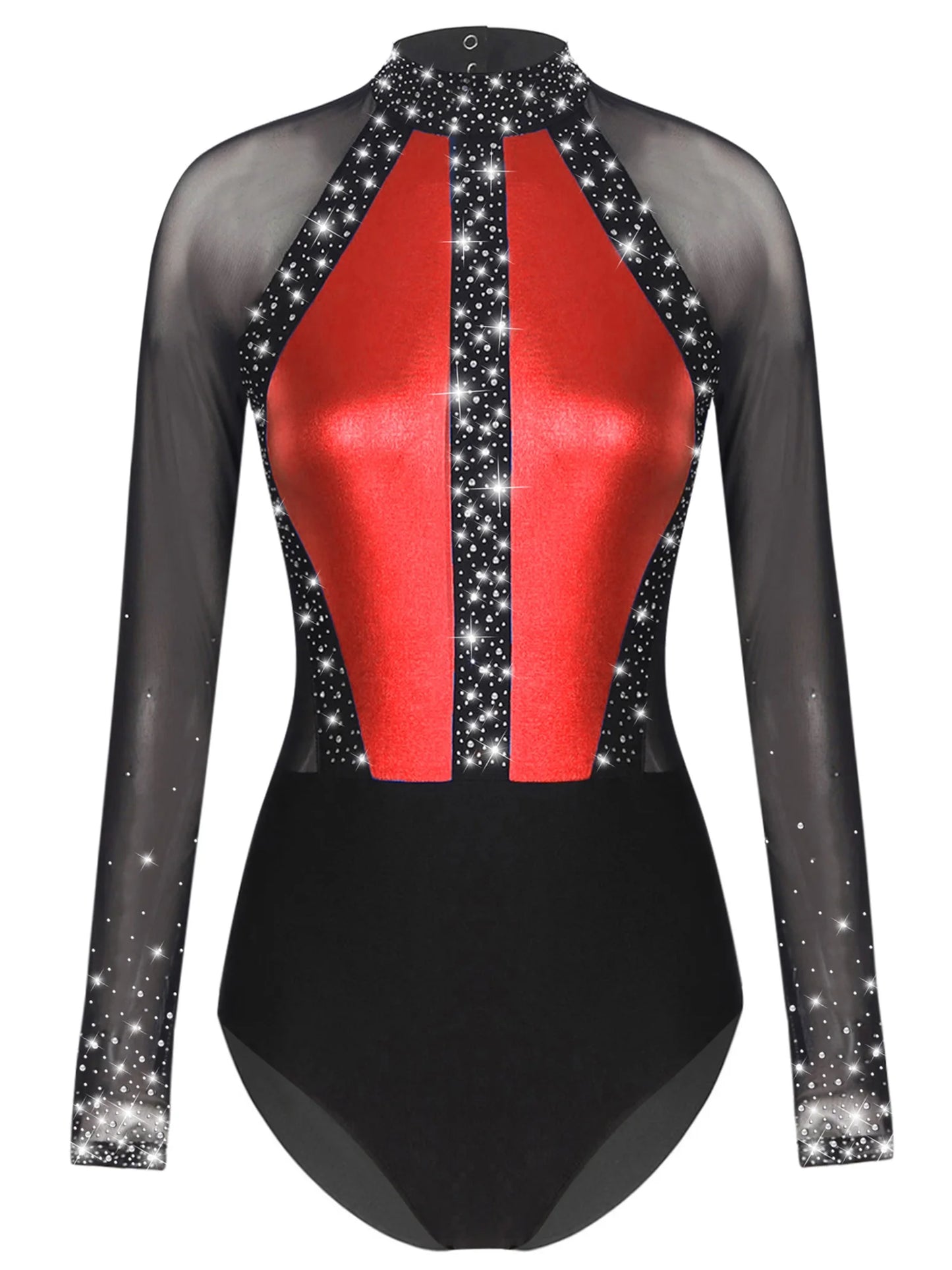 Funkelnde Strass steine für Damen Farb block Gymnastik Trikots Langarm Ballett Tanz Bodysuit Overall sportliche Tanz kleidung