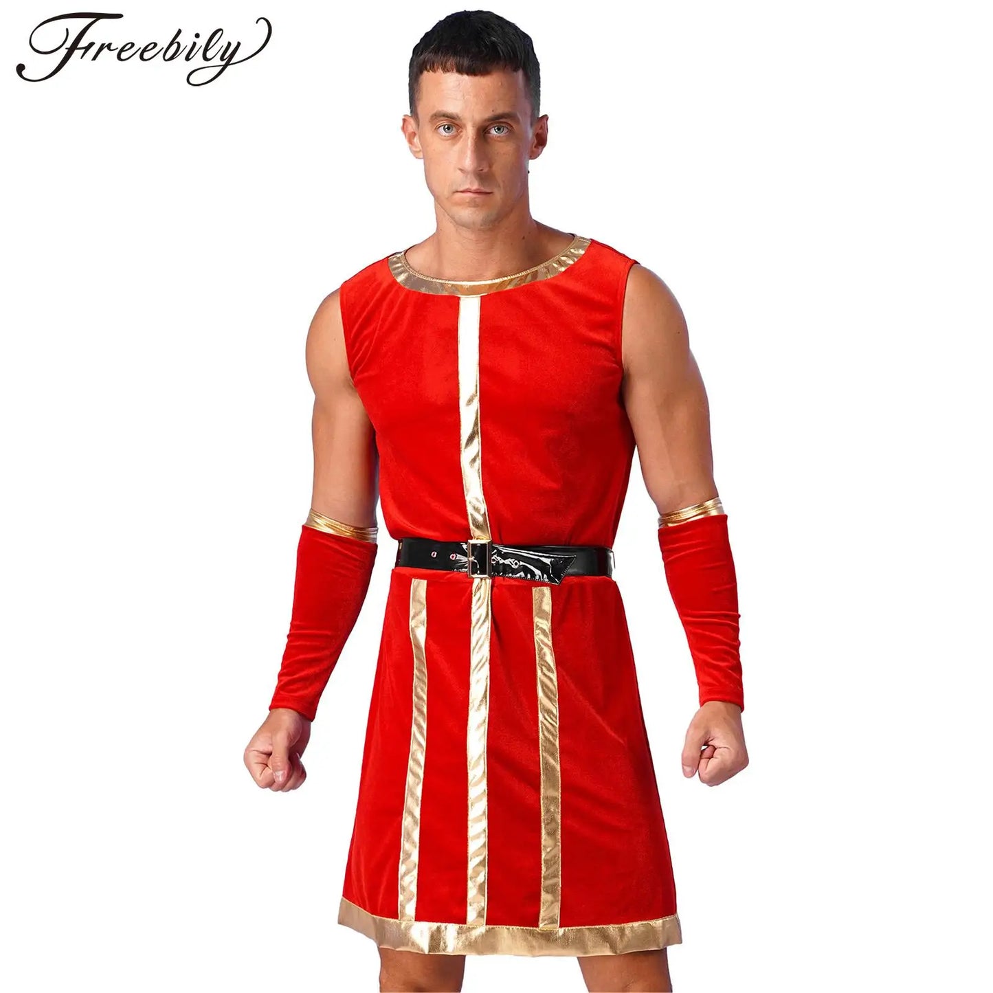 Mens Medieval Renaissance Royal Guard Costumes Sleeveless Stripes Robe + Belt + Wristbands Halloween 3-Piece Velvet Cosplay Suit